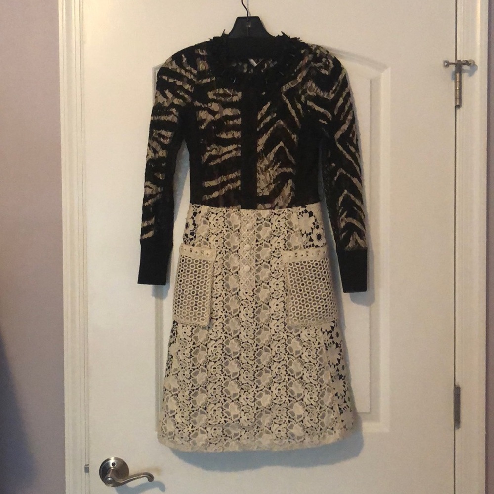 Byron Lars Black and Cream Long Sleeve Mixed-Media Dress